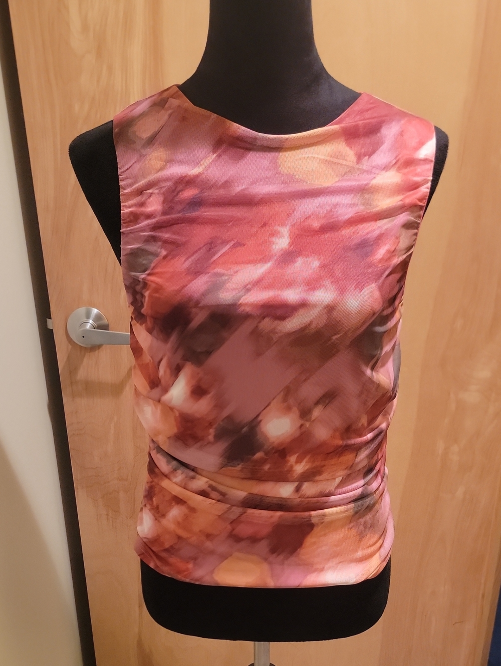 nine britton Abstract Watercolor Shell Top in Pink and Brown
